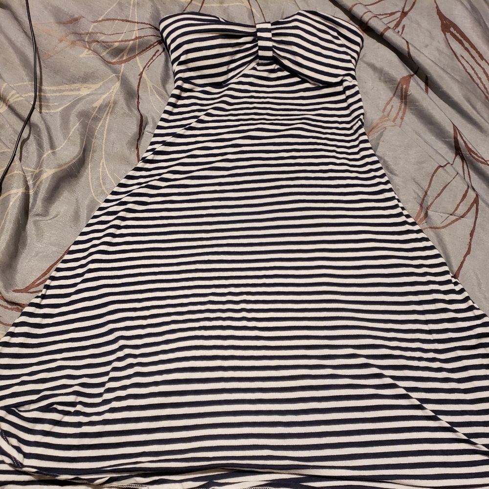 Striped strapless dress.